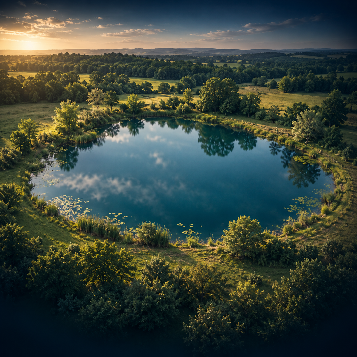 Étang arboré vu depuis le ciel