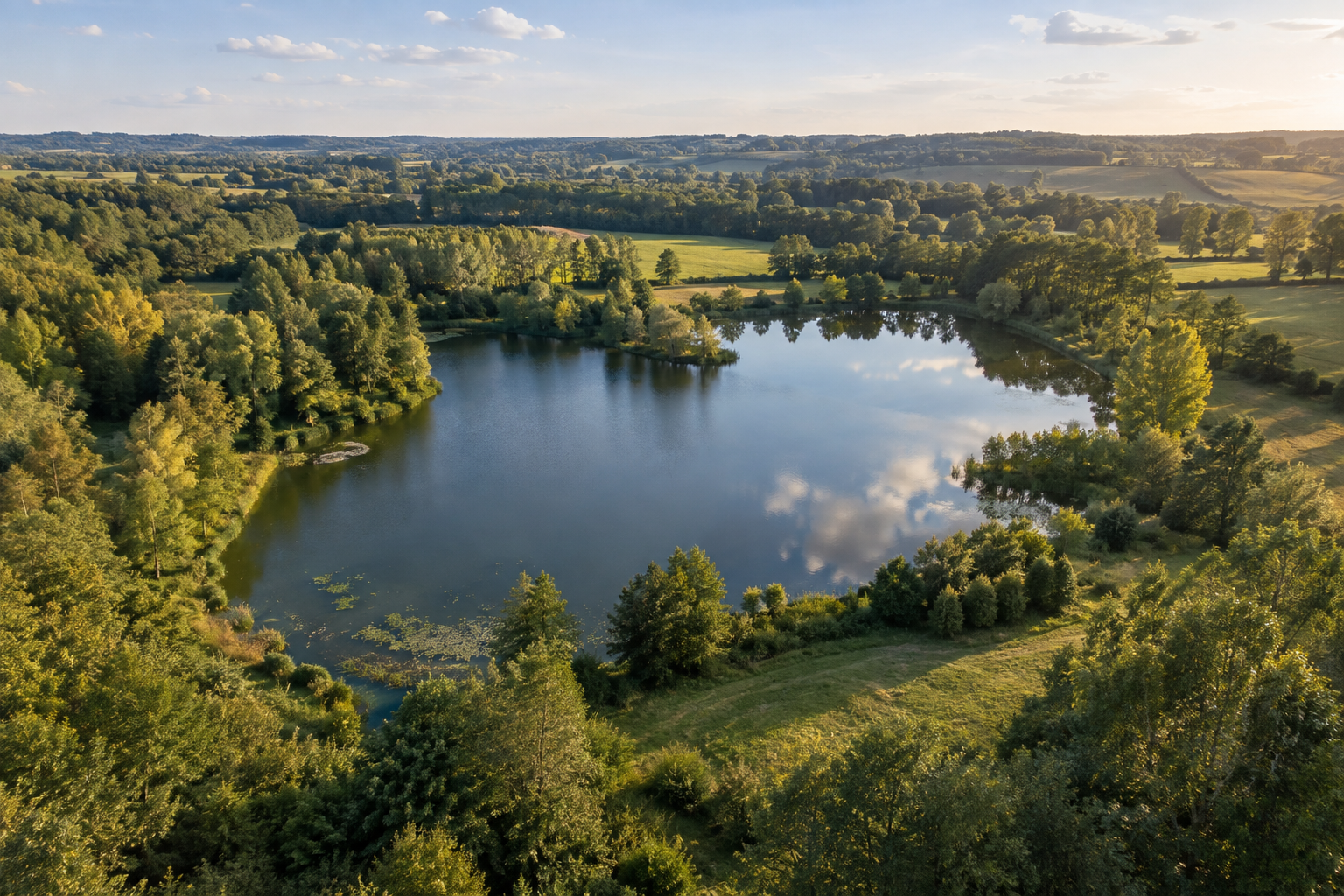 Grand étang naturel bordé d’arbres